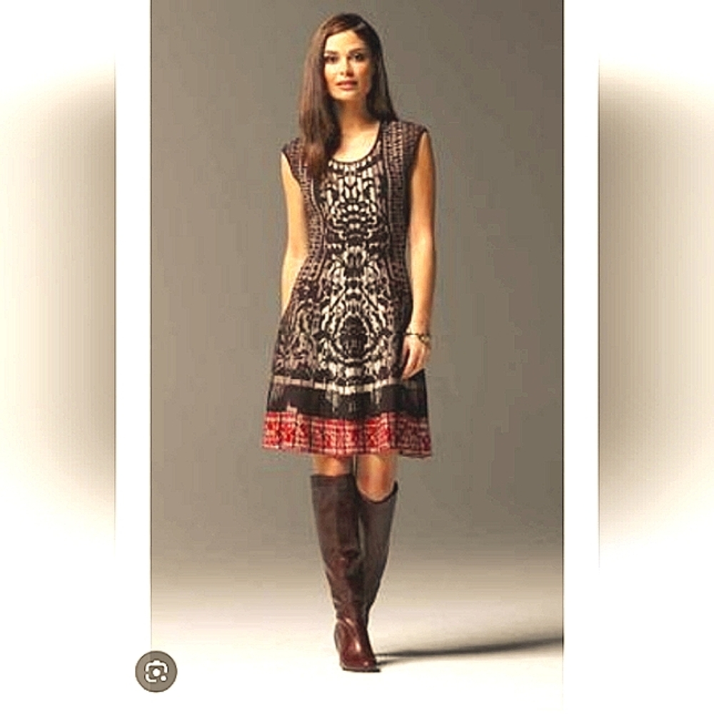 Nic & Zoe Elegant Brown and Red Mix Patterned Swing Dress Small Stretch